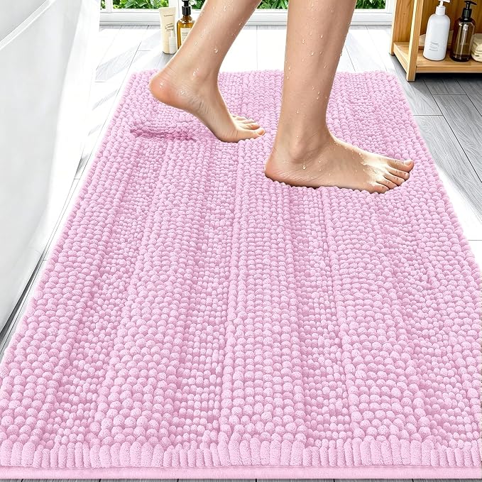 Smiry Thick Chenille Bathroom Rugs 30x20, Extra Soft Absorbent Striped Bath Mat, Machine Washable, Rubber Backing, Bath Rugs for Bathroom, Tub & Shower, Modern Home Decor Accessories, Pink
