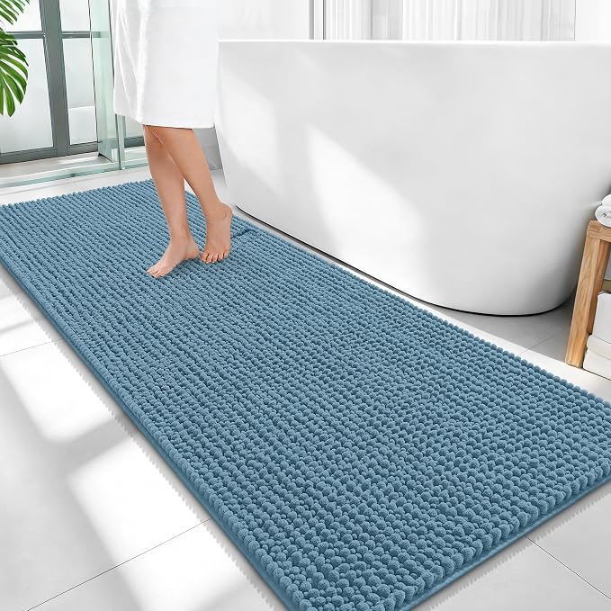 OLANLY Thick Bathroom Runner Rugs 59x24, Extra Soft Absorbent Chenille Bath Rugs, Rubber Backing, Machine Wash Dry, Long Bath Mats for Bathroom Floor, Tub and Shower, Home Decor Accessories, Airy Blue