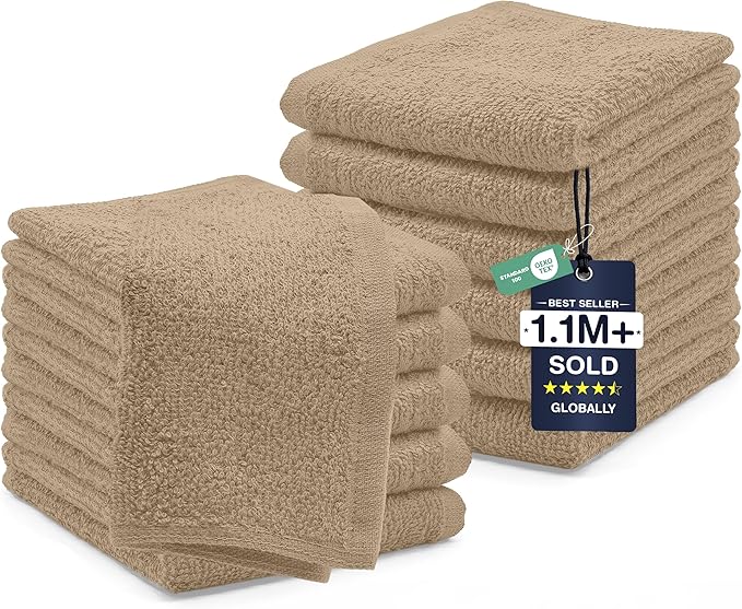 DAN RIVER 12 Pack Wash Cloths for Showering [12x12] - 100% Cotton Washcloths Premium Quality Flannel Face Cloths for Bathroom, Highly Absorbent and Soft Feel Wash Clothes, Tan