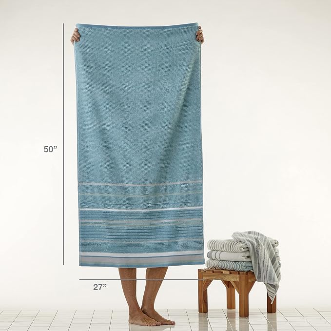 SKL Home Seabrook Stripe Premium 4-Piece Towel Set, 550 GSM, Soft & Absorbent Jacquard - 2 Bath Towels, 2 Hand Towels, Teal