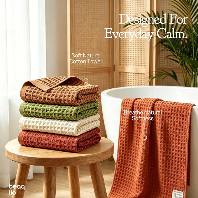 100% Cotton Waffle Towels Set, 4 Pack Bath Towels for Bathroom, 55 * 29'' Quick Dry, Super Absorbent, Soft, Bath Towel Set, Soft Lint-Free Quick Drying Towels Spa Gym, Multicolor