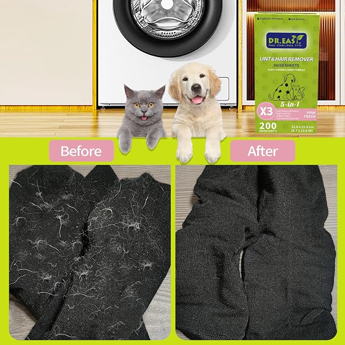 Dr.Easy LINT & HAIR REMOVER Pet HUGESHEETS with 3X Dryer Sheets, PINK FRESH, 200 Count,PLANT&MINERAL-BASED FORMULA