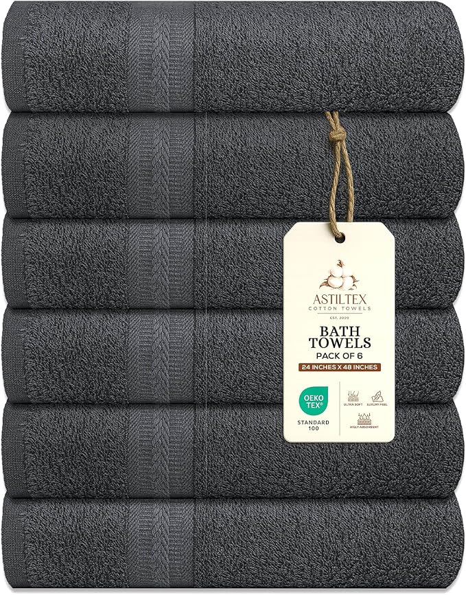 Bath Towels Pack of 6 – 24" x 48" – 100% Cotton Terry, Soft, Quick-Dry & Highly Absorbent – Charcoal Grey Towels for Bathroom, Spa, Gym, Hotel, Pool & Everyday Use