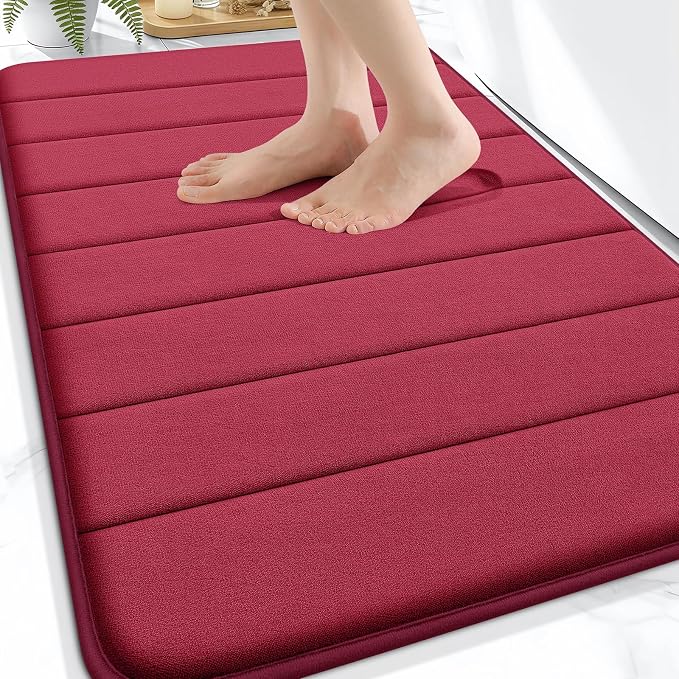 OLANLY Memory Foam Bath Mat 30x20, Super Soft Absorbent Bathroom Rugs, Quick Dry, Machine Washable Shower Floor Rugs, Bathmat Carpet, Bathroom Home Decor Accessories, Burgundy
