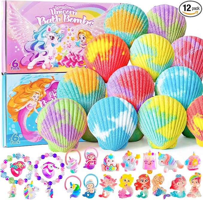 Shell Bath Bombs for Girls – 12 Pack Child-Safe Aromatherapy Bath Bombs with 20 Surprise Toys Inside, 6 Fruity Scents in 2 Gift Boxes (Mermaid & Unicorn Themes), Christmas Gift for Kids
