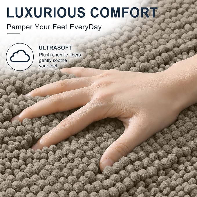 Smiry Thick Chenille Bathroom Runner Rugs 44x24, Extra Absorbent Striped Bath Mat, Machine Washable, Rubber Backing, Long Bath Rugs for Bathroom, Tub & Shower, Home Decor Accessories, Warm Taupe