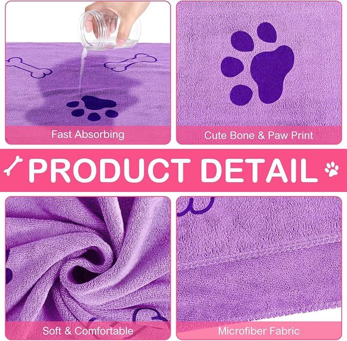Chumia 8 Pcs Microfiber Dog Towels for Drying Dogs Cats 18 x 28 Inch Pet Towels Bulk for Medium Puppy Absorbent Fast Drying Paw Bath Bathing Supplies for Pets(Dog Paw and Bone,Sweet Color)