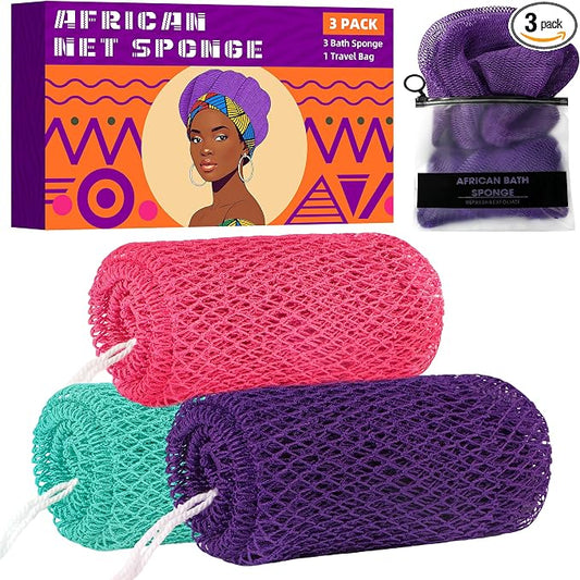 African Net Sponge Authentic, 3 Pieces Exfoliating Scrubber Bath Sponge for All Skin Types, Back Scrubber Loofah Washcloth for Shower, Gentle Exfoliation (Pink,Purple,Seawave)