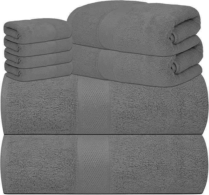 Luxury 8 Piece Set, 2 Bath Towels 2 Hand Towels 4 Washcloths, 100% Cotton Towels for Bathroom, Home, Spa, Hotel & Gym – Ultra Soft, Highly Absorbent, Quick Dry (Light Grey)