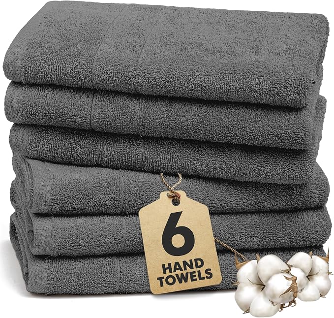 100% Ring Spun Cotton Hand Towels for Bathroom – 550 GSM Soft & Absorbent Towel Set– Pack of 6 Small Towel (34x20in) – Quick Dry Luxury Cotton Hand Towels – Dark Grey