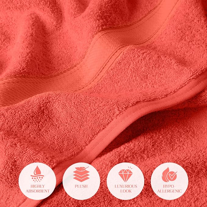 Superior Egyptian Cotton Plush & Absorbent, Bath Towel Set of 2, Coral | Quick Dry, Soft Luxury Towel Set, Bath Essentials for Bathroom, Guest Bath, Spa, 2 Piece Bath, Madeline Towels