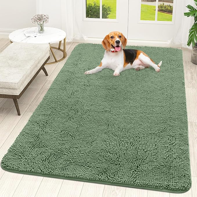 OLANLY Dog Door Mat for Muddy Paws 59x35, Absorbs Moisture and Dirt, Absorbent Non-Slip Washable Doormat, Quick Dry Chenille Mud Mat, Entry Indoor Entryway Carpet for Inside Floor, Olive Green