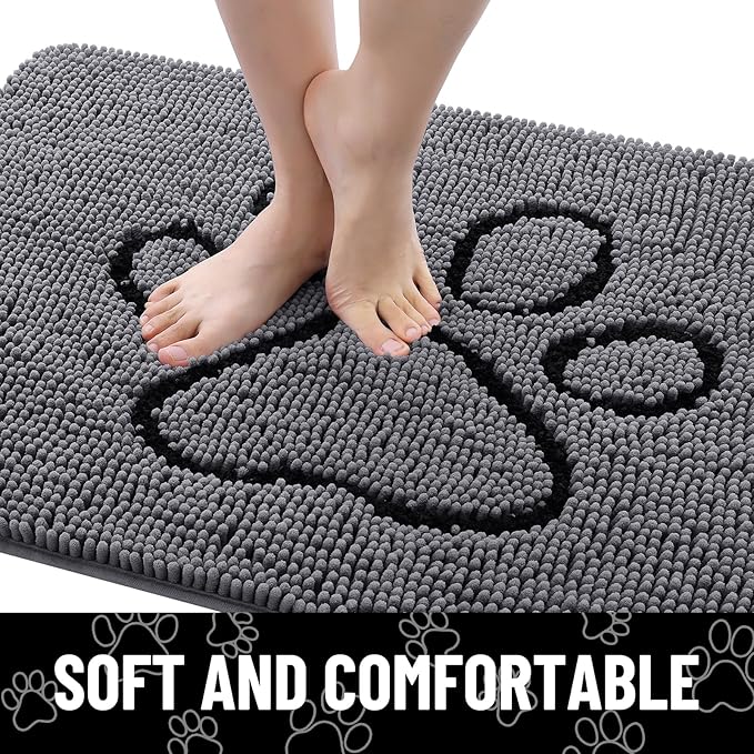 Smiry Dog Door Mat for Muddy Paws, Absorbent Dirt Trapper Non Slip Quick Dry Washable Chenille Mat for Mud Dogs, Entry Rug for Indoor and Outdoor (71x46 Inches, Dark Grey and Black)