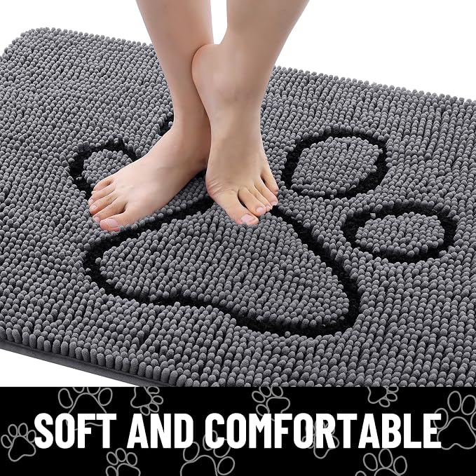 Smiry Dog Door Mat for Muddy Paws, Absorbent Dirt Trapper Non Slip Quick Dry Washable Chenille Mat for Mud Dogs, Entry Rug for Indoor and Outdoor (59x24 Inches, Dark Grey and Black)