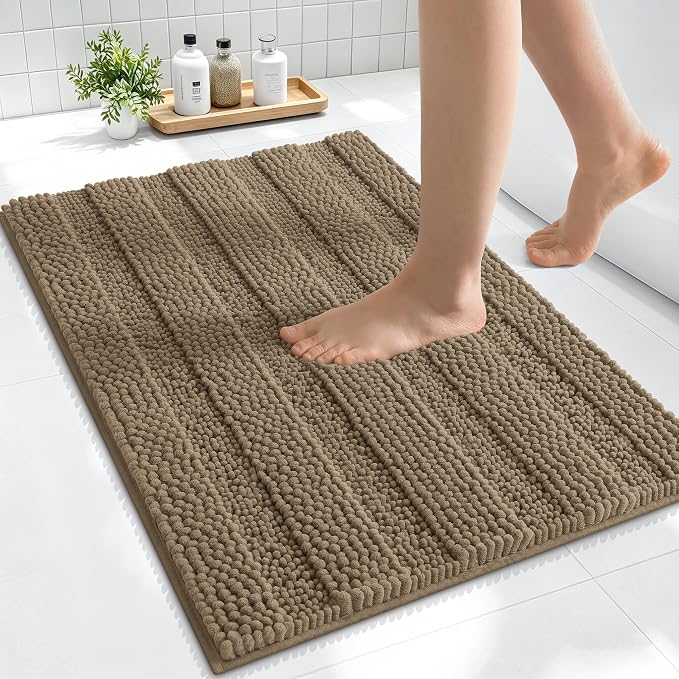 Smiry Thick Small Chenille Bathroom Rugs 24x16, Extra Soft Absorbent Striped Bath Mat, Machine Washable, Rubber Backing, Bath Rugs for Bathroom, Tub & Shower, Modern Home Decor Accessories, Tan