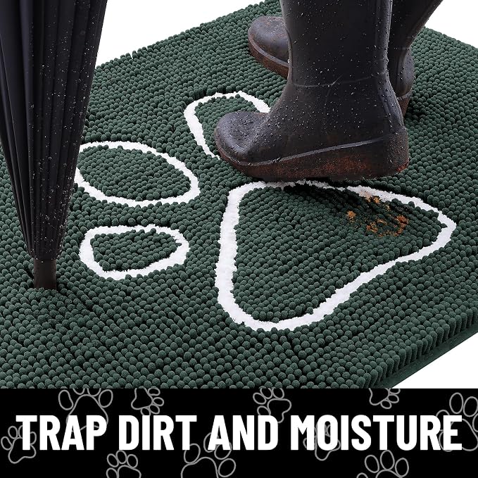 Smiry Dog Door Mat for Muddy Paws, Absorbent Dirt Trapper Non Slip Quick Dry Washable Chenille Mat for Mud Dogs, Entry Rug for Indoor and Outdoor (59x35 Inches, Green and White)