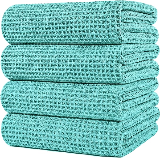 POLYTE 430 GSM Microfiber Oversize Quick Dry Lint Free Bath Towel, 60 x 30 in, 4 Pack (Waffle Weave)