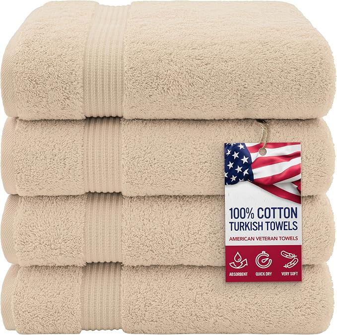 American Veteran Towel, Turkish Bath Towels for Bathroom 4 Pack, 27x54 Extra Large Premium Soft Drying Bathroom Towels, Beige