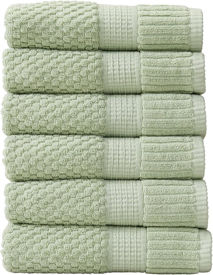 NY Loft 100% Cotton 6-Pack Hand Towel Set | Sage | Oeko-TEX | Quick-Dry | Six 16" x 28" Hand Towels | Super Absorbent | Designer-Styled Texture