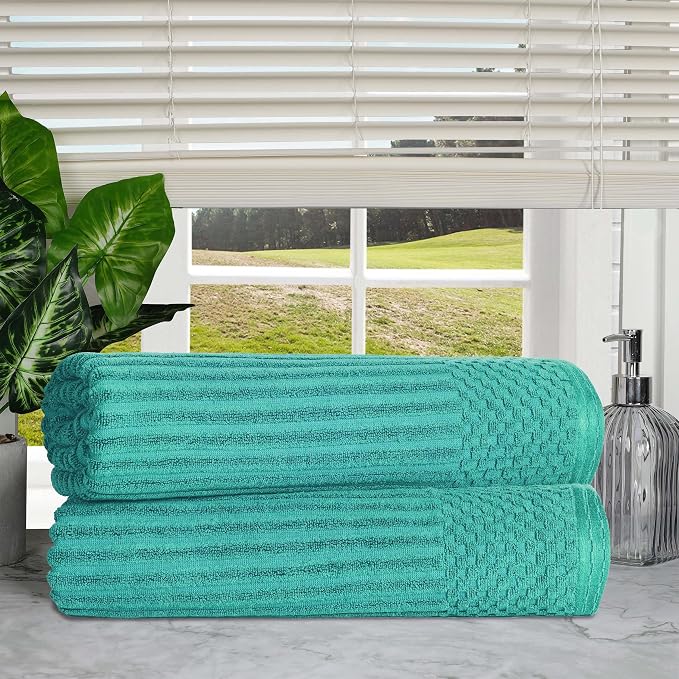 Cotton 2-Piece Solid and Ribbed Bath Sheet Set, Bath Sheets- 34" x 68", Turquoise by Superior