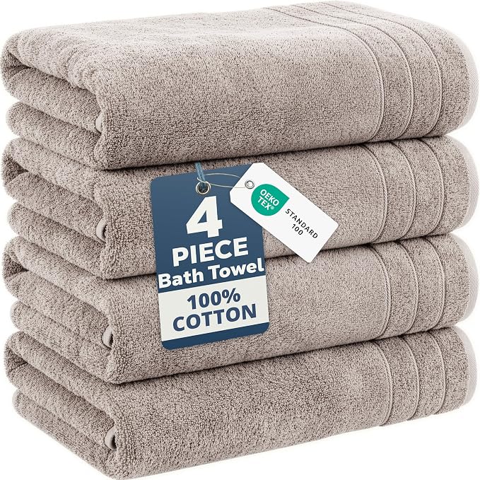 Casa Platino 100% Cotton Bath Towels Set of 4 (30"x60") - Ring Spun Mercerized Cotton Bathroom Towel Sets - Quick Dry, Soft & Absorbent Grey Towels Set - Pre Shrunk, Fade Resistant - Platinum