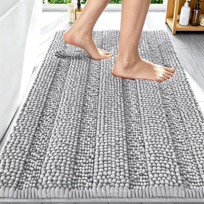 Smiry Thick Chenille Bathroom Rugs 30x20, Extra Soft Absorbent Striped Bath Mat, Machine Washable, Rubber Backing, Bath Rugs for Tub & Shower, Modern Home Decor Accessories, Light Grey