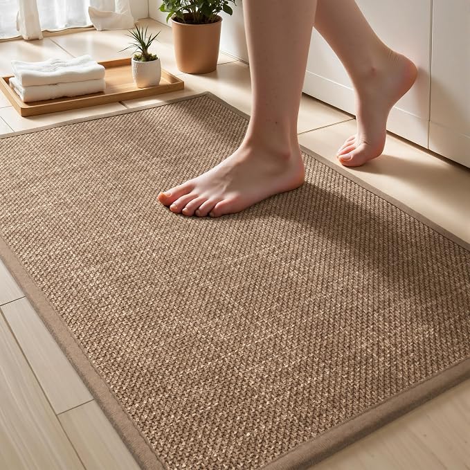 Non Slip Bath Mat with Rubber-Backing Thin Bathroom Rugs Fit Under Door Machine Washable Quick Dry Camel Small Toilet Rug, 17" x 24"