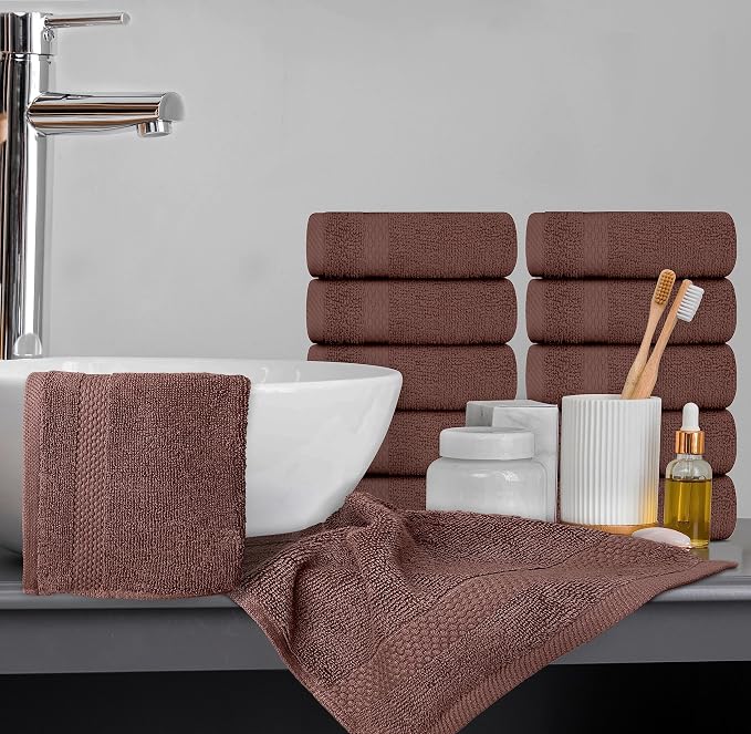 White Classic Luxury Cotton Washcloths 13x13 Inch - 650 GSM Turkish Cotton | Hotel, Spa, Bathroom Face Towel | 12 Pack, Brown