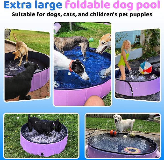 CACSPS 2025 Updated Foldable Dog Pool, 32" x 8" Kiddie Pool with Hard Plastic, Non-Slip Dog Bath Tub for Outdoor Backyard, Collapsible Dog Swimming Pool for Kids Dogs Pets (Pink)