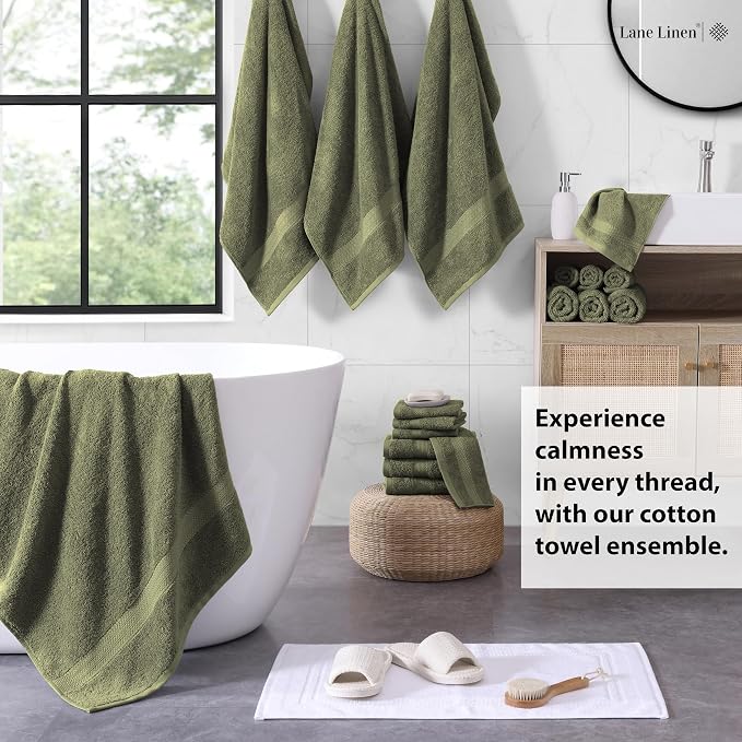 LANE LINEN 100% Cotton Bath Towel Set of 18 - Softer, High Absorbency & Durable - 4 Bath, 8 Wash Cloth, 6 Hand Towels for Bathroom - Premium Look, Spa Quality, Solid Dyed Towels - Oil Green