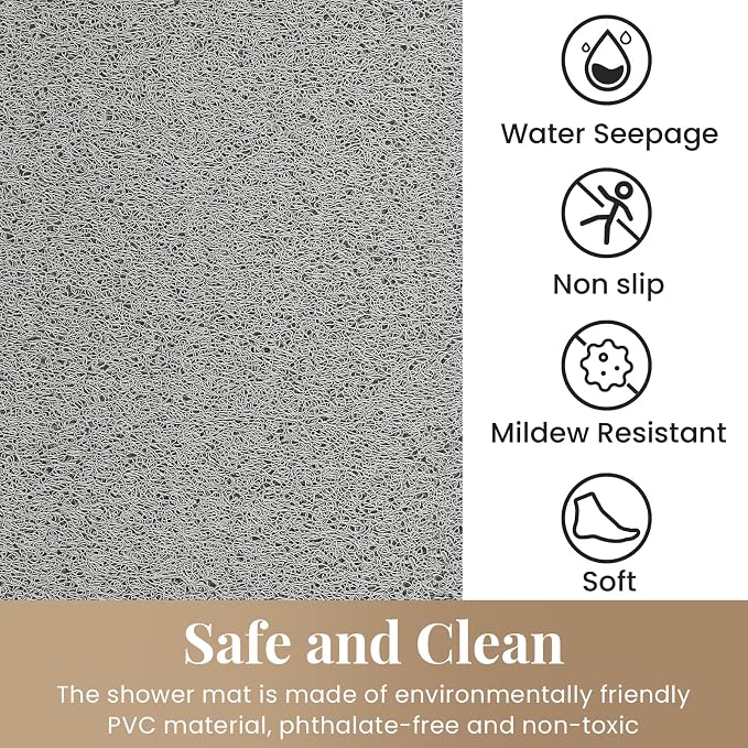 Shower Mat Bathtub Mat Non-Slip,36x16 inch, Soft Tub Mat with Drain,PVC Loofah Bath Mat (Phthalate Free) for Tub and Bathroom,Quick Drying,Grey