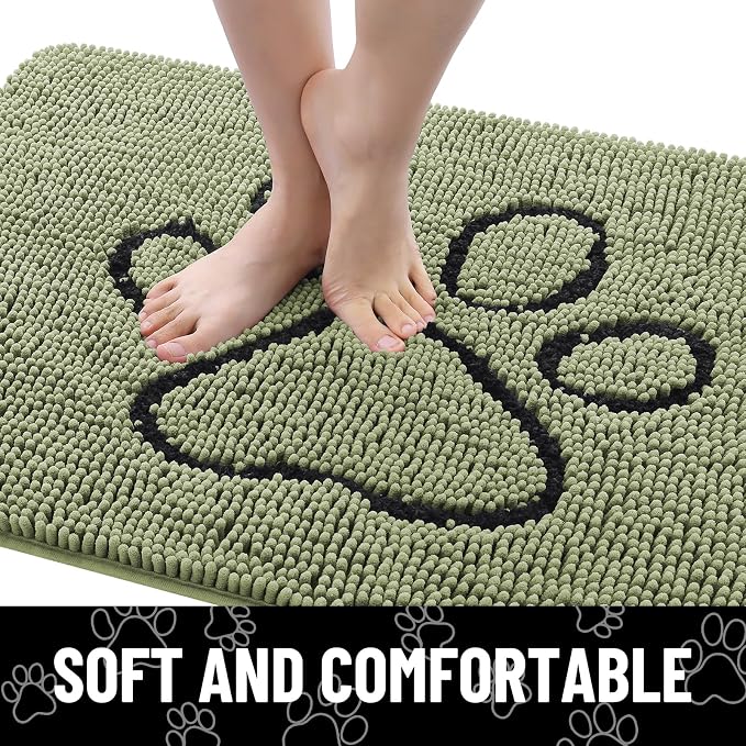 Smiry Dog Door Mat for Muddy Paws, Absorbent Dirt Trapper Non Slip Quick Dry Washable Chenille Mat for Mud Dogs, Entry Rug for Indoor and Outdoor (30x20 Inches, Sage Green and Black)