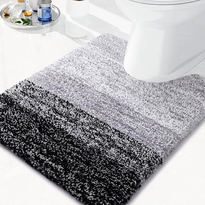 Arotive Microfiber Bathroom Rugs, Shaggy Soft and Absorbent Contour Toilet Rugs, Thick Plush Machine Washable Dry Bath Mats for Toilet Base, 20x20, Black, U-Shape