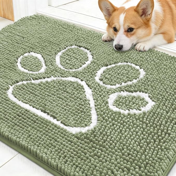 OLANLY Dog Door Mat for Muddy Paws 47x20, Paw Print Design, Absorbs Moisture and Dirt, Non-Slip Washable Doormat, Quick Dry Chenille Mud Mat for Dogs, Entry Indoor Entryway Carpet, Sage Green