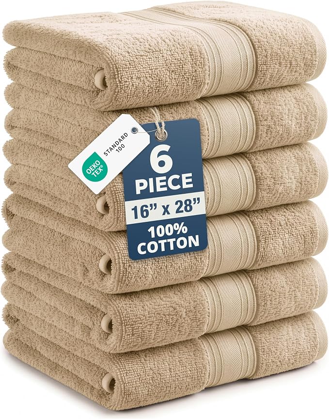LANE LINEN Bathroom Hand Towels - 6 Pack (16" x 28"), 100% Ringspun Cotton Hand Towel Set - Soft, Lightweight, Fade & Shrink Resistant - Everyday Use, Face Towels for Bathroom, Gym and Travel - Taupe