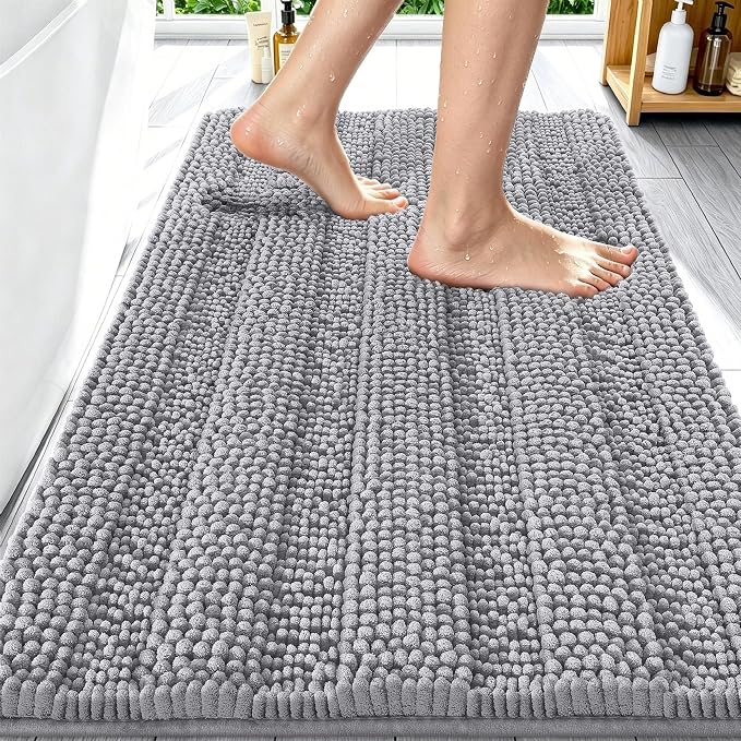 Smiry Thick Chenille Bathroom Rugs 30x20, Extra Soft Absorbent Striped Bath Mat, Machine Washable, Rubber Backing, Bath Rugs for Tub & Shower, Modern Home Decor Accessories, Grey