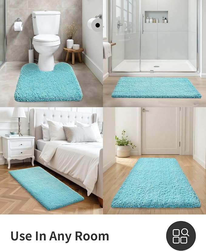 ILANGO Teal Bathroom Rugs 48" × 24" Non Slip & Super Absorbent Extra Thick Soft, Washable Bath Mat for Floor, Microfiber Plush Shaggy Bath Rug with Rubber for Bathtub Shower Room Sink