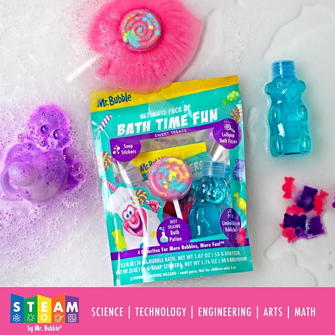 Mr. Bubble Ultimate Pack of Bath Time Fun 4 Favorites, Bath Potion, Bath Bomb, Soap Stickers, Bubble Bath (Pack of 2)