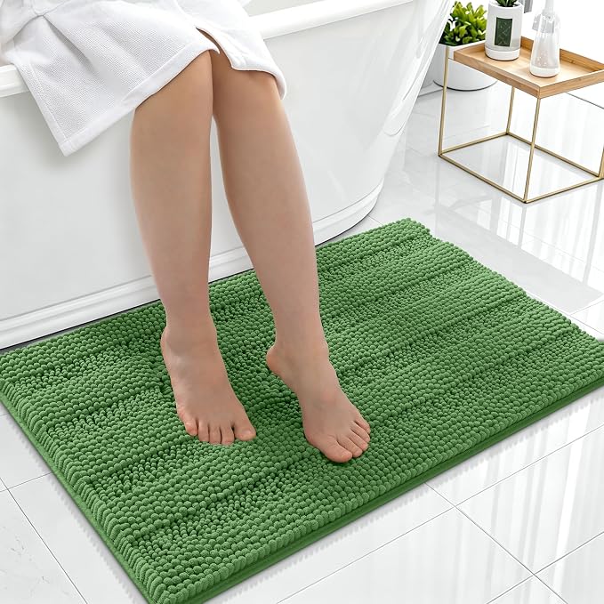 Smiry Thick Chenille Bathroom Rugs 36x24, Extra Soft Absorbent Striped Bath Mat, Machine Washable, Rubber Backing, Bath Rugs for Bathroom, Tub & Shower, Home Decor Accessories, Olive Green