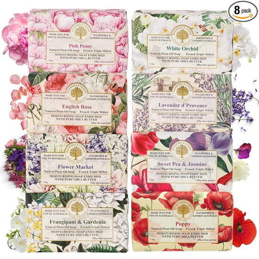 Wavertree & London Assorted Floral Elegance Scents Natural Soap Bars (Pack of 8), 7oz Moisturizing Triple Milled Soap Bars Enriched with Shea Butter and Pure Plant Oils | All Body & Bath Soap