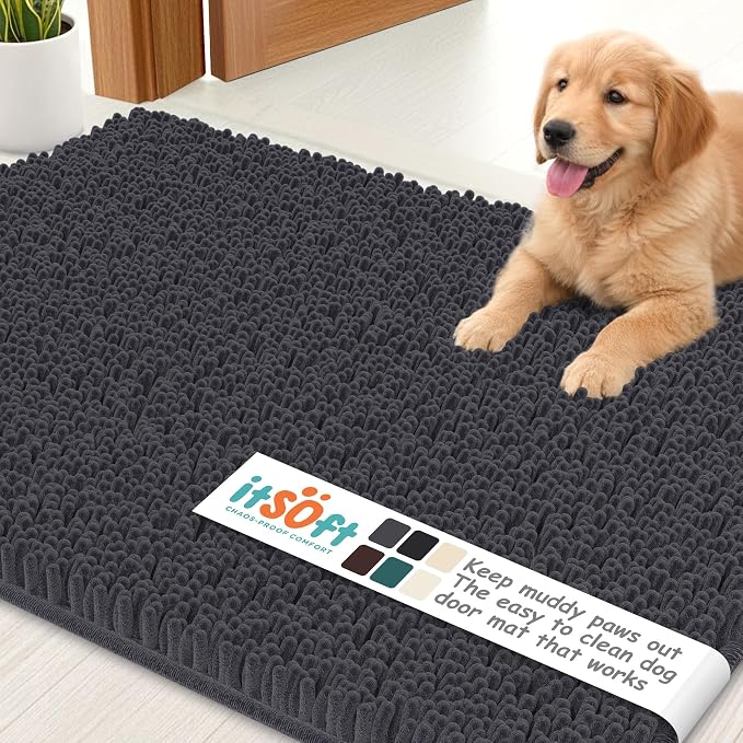 Dog Rugs for Muddy Paws 22x14 | Cleaner Mud Free Floors | Muddy Dogs Mats for Indoor, Dog Mat for Muddy Paws Door Mat Washable, Absorbent Chenille Mud Room Rug Paw Matt w/ Non Slip Backing, Black