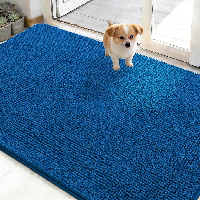 OLANLY Dog Door Mat for Muddy Paws 50x30, Absorbs Moisture and Dirt, Absorbent Non-Slip Washable Doormat, Quick Dry Chenille Mud Mat, Entry Indoor Entryway Carpet for Inside Floor, Deep Navy Blue