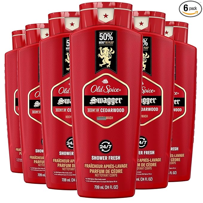 Old Spice Refreshing Body Wash for Men, 3X Defense, 24/7 Shower Fresh with Long Lasting Scent, Red Collection, Swagger with Cedarwood Scent, 24 oz (Pack of 6)