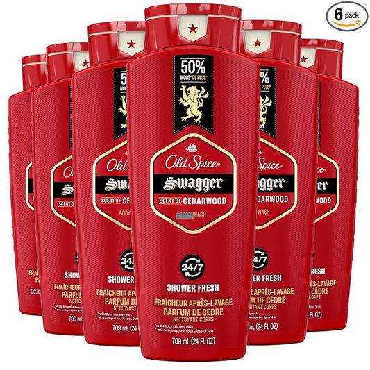 Old Spice Refreshing Body Wash for Men, 3X Defense, 24/7 Shower Fresh with Long Lasting Scent, Red Collection, Swagger with Cedarwood Scent, 24 oz (Pack of 6)