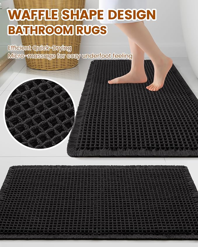 Smiry Waffle Bath Mat 47x20, Extra Soft Absorbent Bathroom Rugs, Non Slip Machine Washable Quick Dry Bath Rugs for Bathroom Floor, Tub, Shower, Home Decor Accessories, Black
