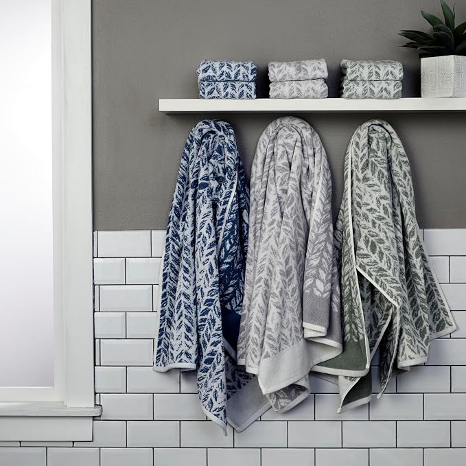 SKL Home Distressed Leaves 100% Turkish Cotton Premium 4-Piece Towel Set, 600 GSM, Soft & Absorbent Jacquard- 2 Bath Towels, 2 Hand Towels, Denim Blue