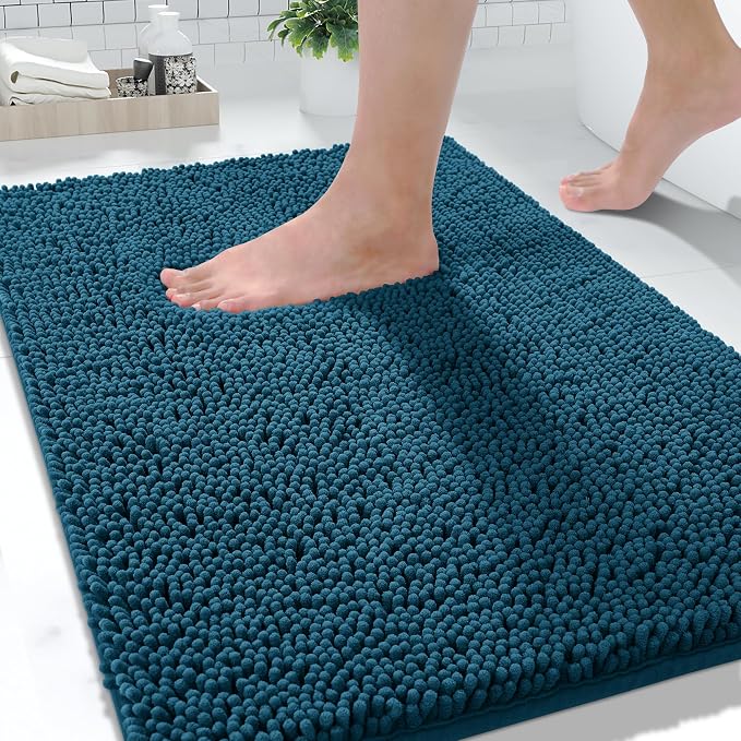 Yimobra Washable Bathroom Rugs, Super Soft & Absorbent Chenille Bath Mat for Floor & Carpet, Quick Dry Non Slip Bath Mat for Tub Shower, 24" x 17",Peacock Blue