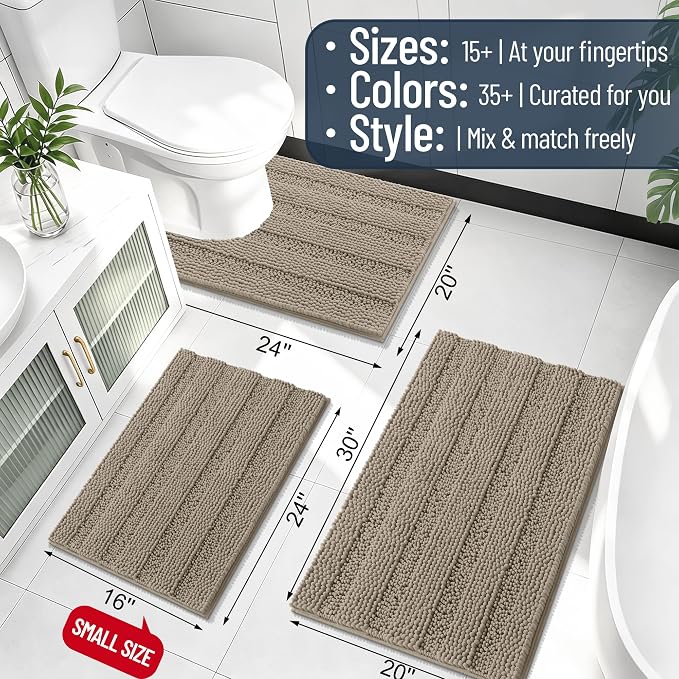 Smiry Thick Small Chenille Bathroom Rugs 24x16, Extra Soft Absorbent Striped Bath Mat, Machine Washable, Rubber Backing, Bath Rugs for Bathroom, Tub & Shower, Home Decor Accessories, Warm Taupe