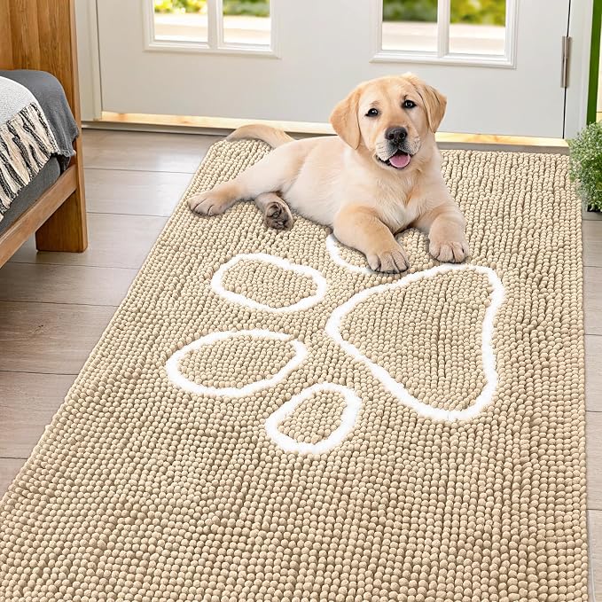 Smiry Dog Door Mat for Muddy Paws, Absorbent Dirt Trapper Non Slip Quick Dry Washable Chenille Mat for Mud Dogs, Entry Rug for Indoor and Outdoor (54x32 Inches, Beige and White)