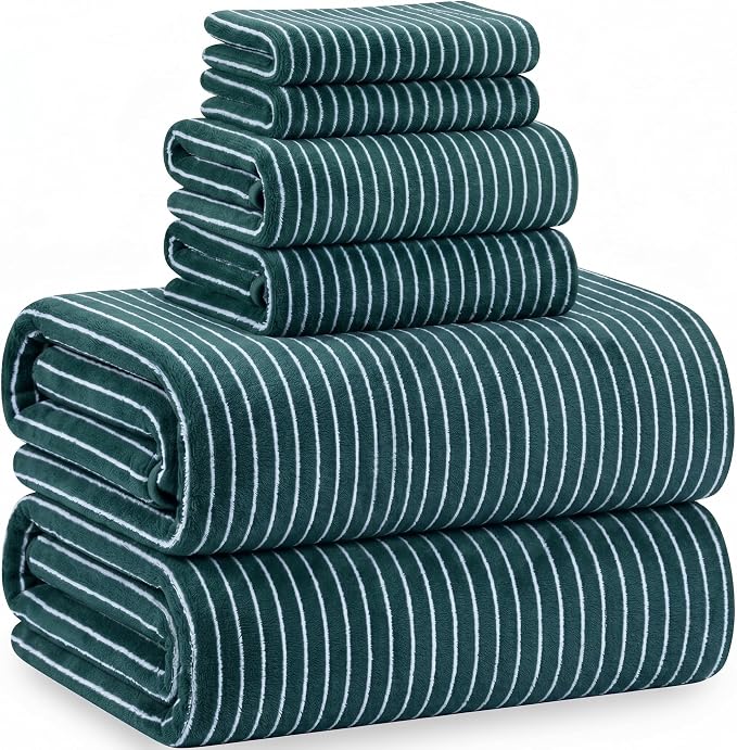 6 Pcs Oversized Bath Towels for Adults 35x70 Inches Green & White Striped Extra Large Bath Towel Sets Bathroom Sheets Jumbo Shower Towels Quick Absorbent Soft Microfiber for Women Men